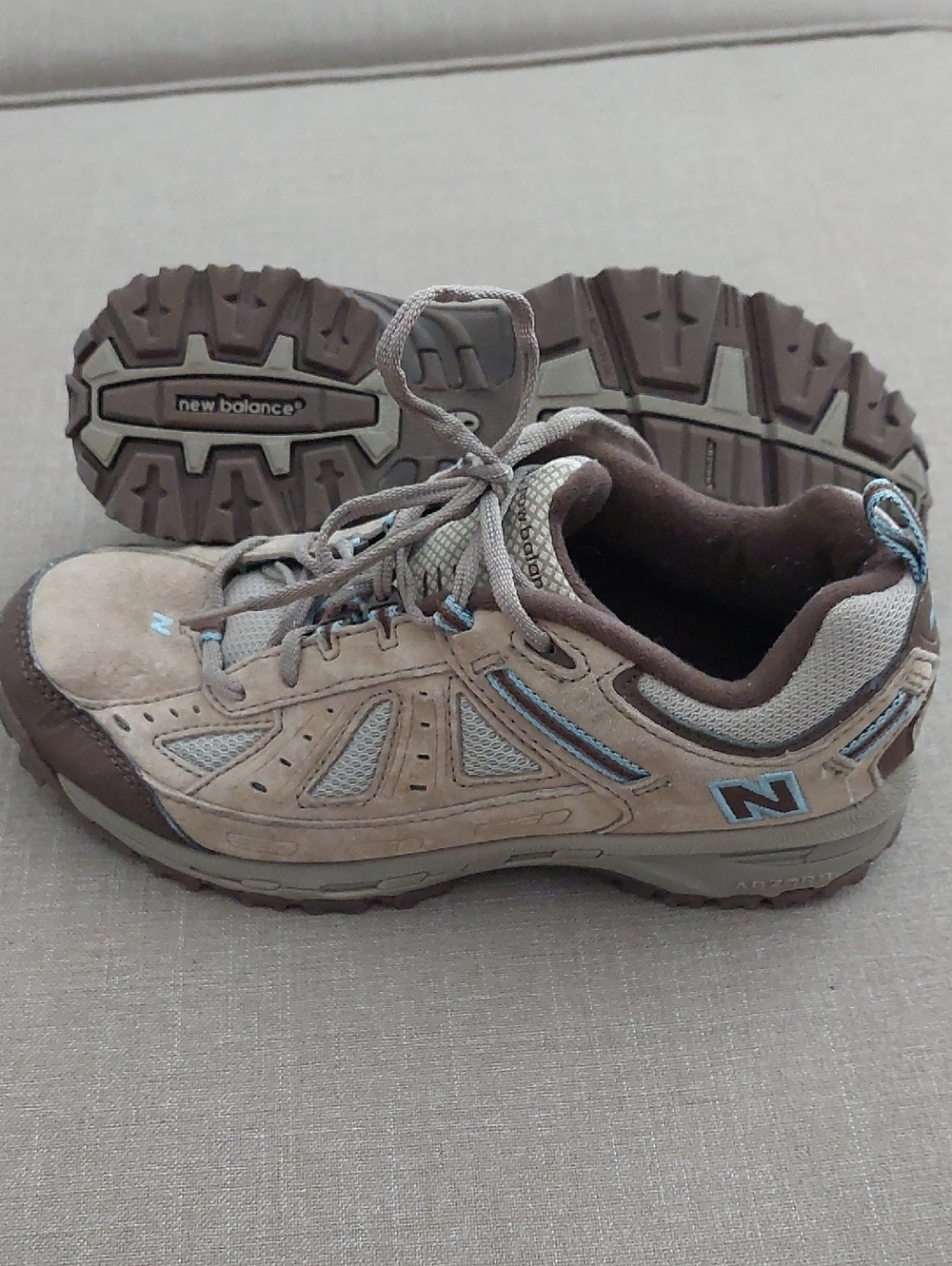 New Balance Women's Tan and Brown Trail Sneakers with Light Blue Accents